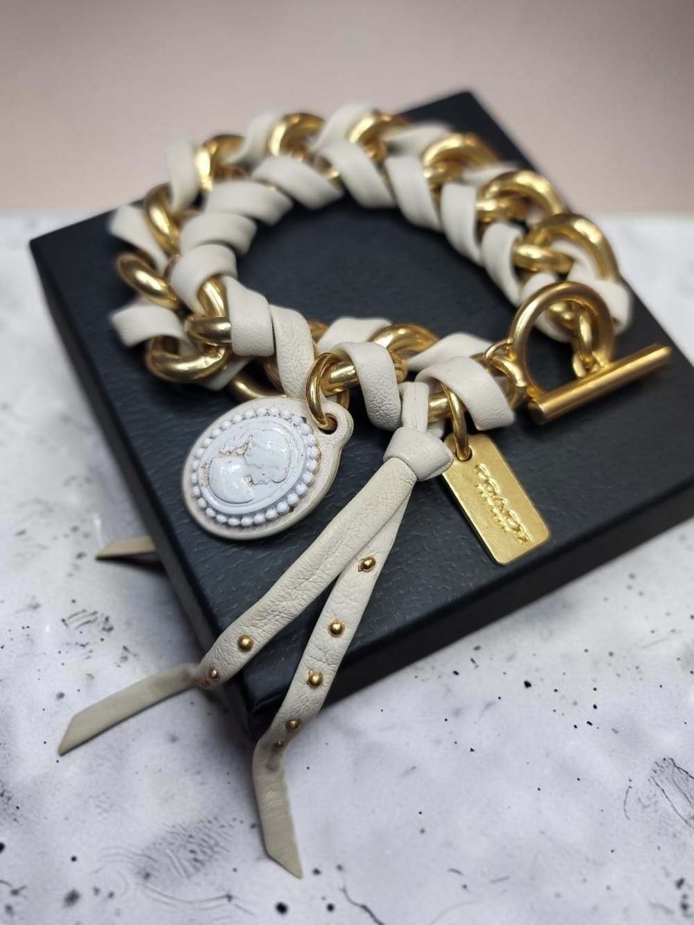 Coach White Leather & Gold Chain Charm Toggle Bracelet with Cameo